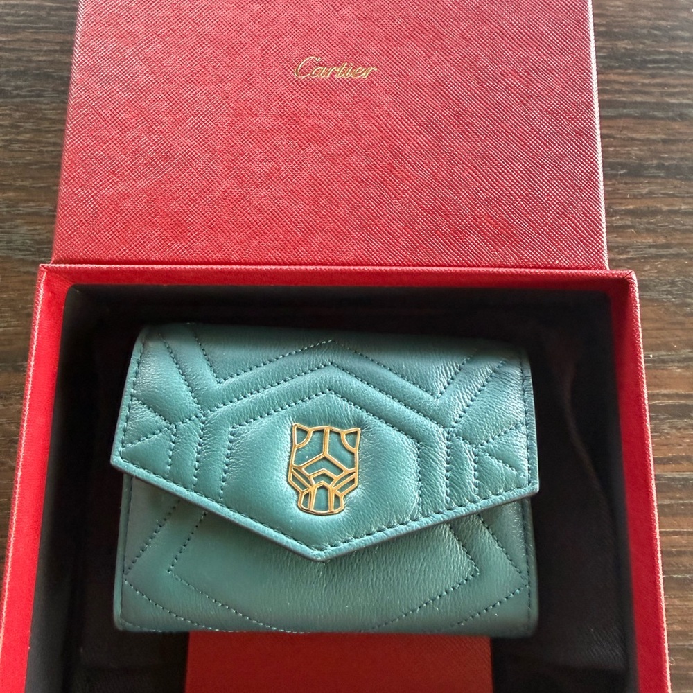 Cartier Teal Quilted Leather Compact Wallet with Gold Emblem